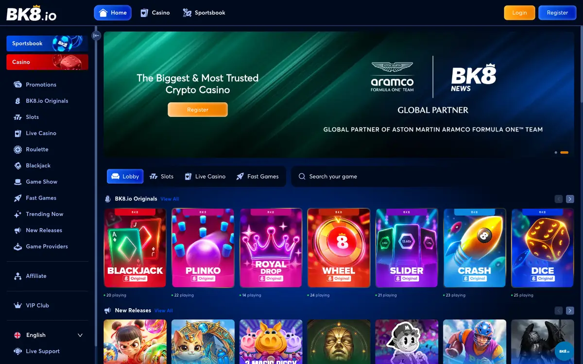 The bk8.io lobby on a desktop, with the Aston Martin Aramco Global Partner banner and a row of BK8.io Originals