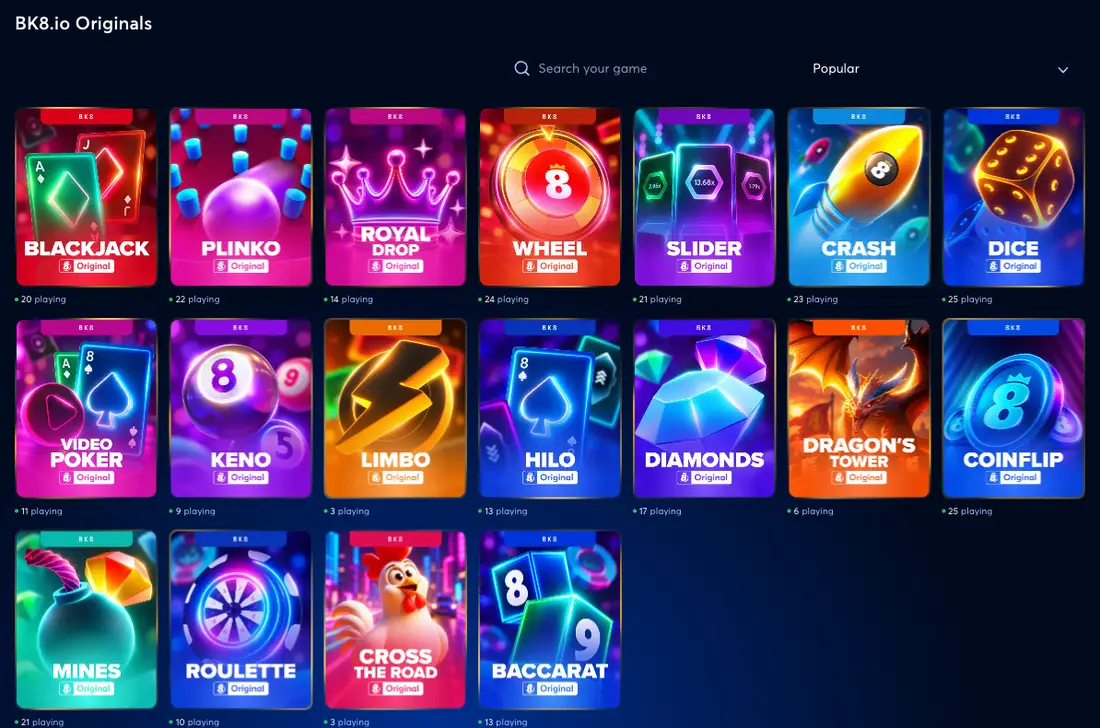 The BK8.io Originals tab on bk8.io showing 18 game tiles, from Blackjack and Plinko to Cross the Road and Baccarat